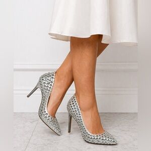Jessica Simpson Rhinestone Heels 8.5 Silver Bridal Stiletto Glam